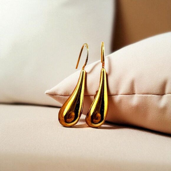Gold Plated Curved Water Drop Earrings - Picture 1 of 9